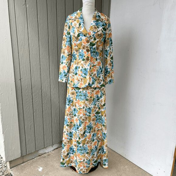 VTG 70s Alfreda Floral Blazer Skirt Suit Set Prairie Cottagecore Boho S/M - Picture 11 of 12